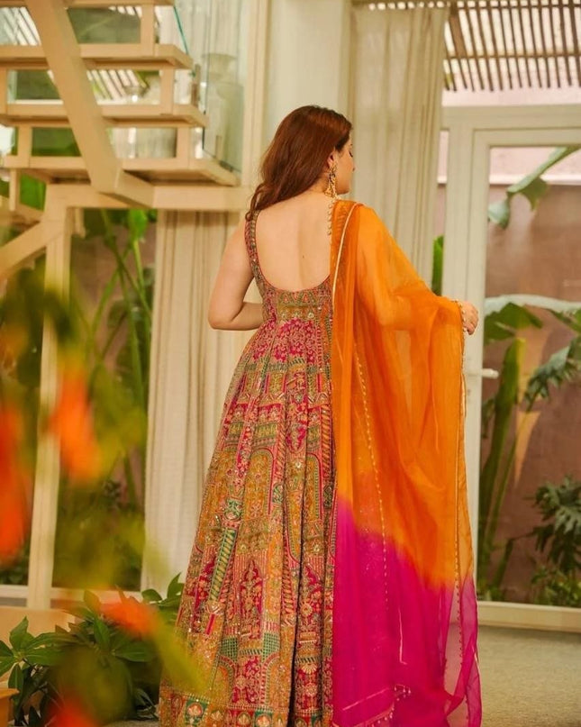 Jimmy Organza Silk Anarkali Gown With Digital Print | Elegant Ethnic Wear - Rosepetals Luxe