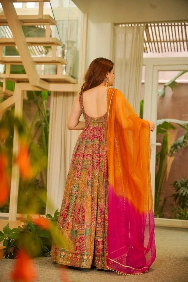 Jimmy Organza Silk Anarkali Gown With Digital Print | Elegant Ethnic Wear - Rosepetals Luxe