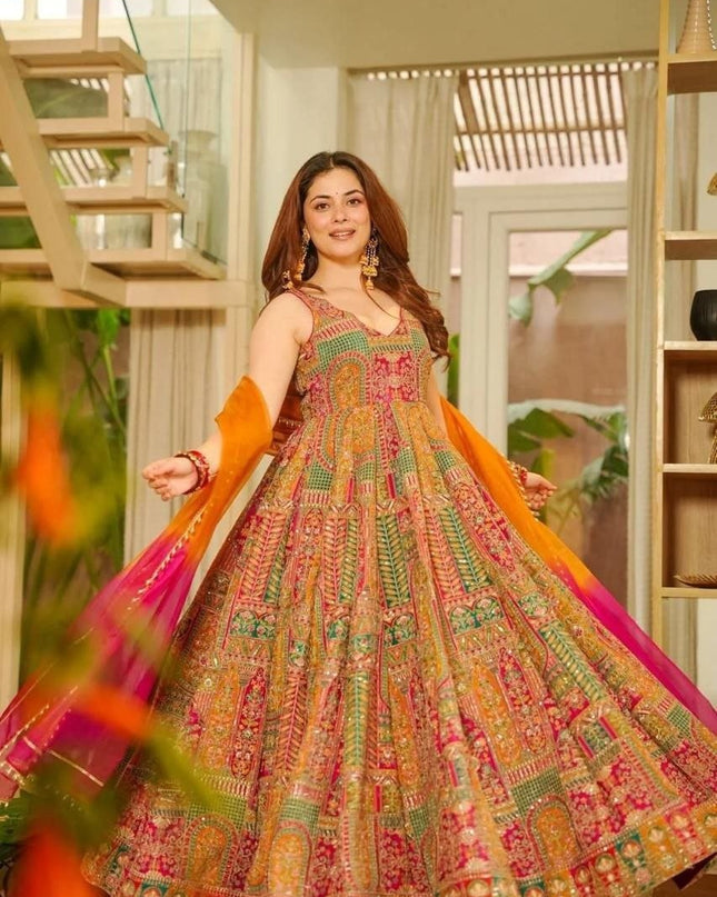 Jimmy Organza Silk Anarkali Gown With Digital Print | Elegant Ethnic Wear - Rosepetals Luxe