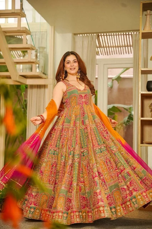 Jimmy Organza Silk Anarkali Gown With Digital Print | Elegant Ethnic Wear - Rosepetals Luxe