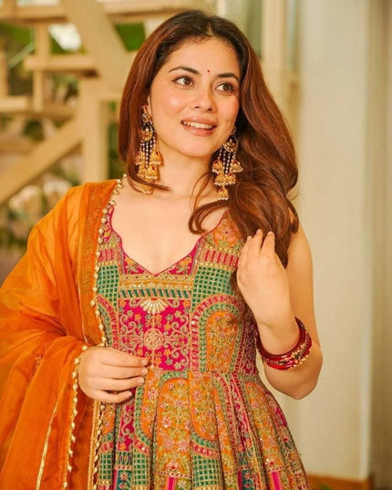 Jimmy Organza Silk Anarkali Gown With Digital Print | Elegant Ethnic Wear - Rosepetals Luxe