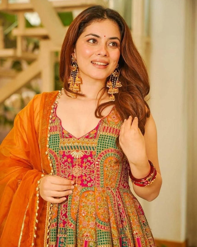 Jimmy Organza Silk Anarkali Gown With Digital Print | Elegant Ethnic Wear - Rosepetals Luxe
