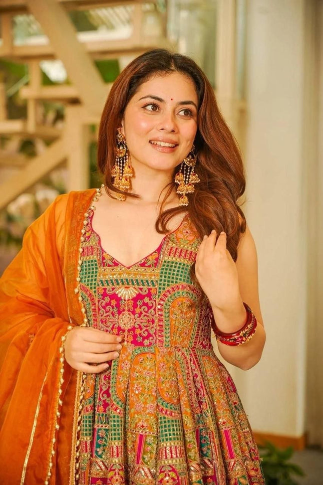 Jimmy Organza Silk Anarkali Gown With Digital Print | Elegant Ethnic Wear - Rosepetals Luxe