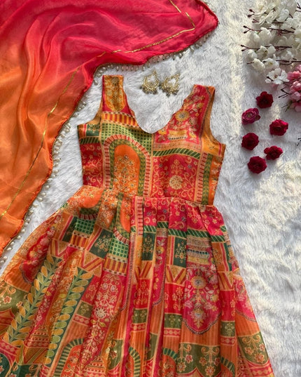 Jimmy Organza Silk Anarkali Gown With Digital Print | Elegant Ethnic Wear - Rosepetals Luxe