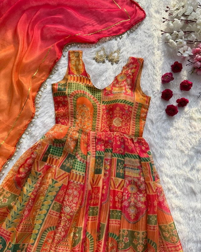 Jimmy Organza Silk Anarkali Gown With Digital Print | Elegant Ethnic Wear - Rosepetals Luxe