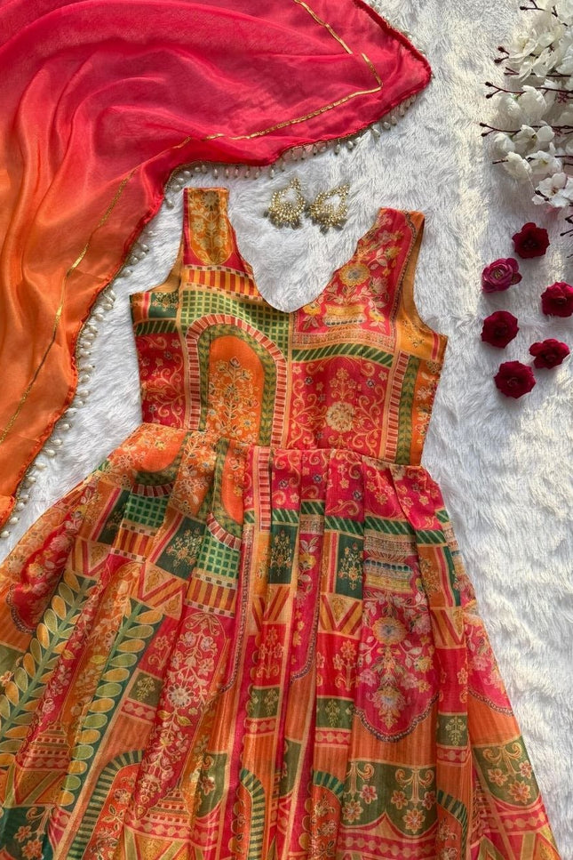 Jimmy Organza Silk Anarkali Gown With Digital Print | Elegant Ethnic Wear - Rosepetals Luxe