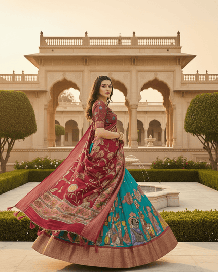 Kalamkari Dola Silk Lehenga Set | Zari Woven Border | 3.80M Flair | With Dupatta - Rosepetals Luxe