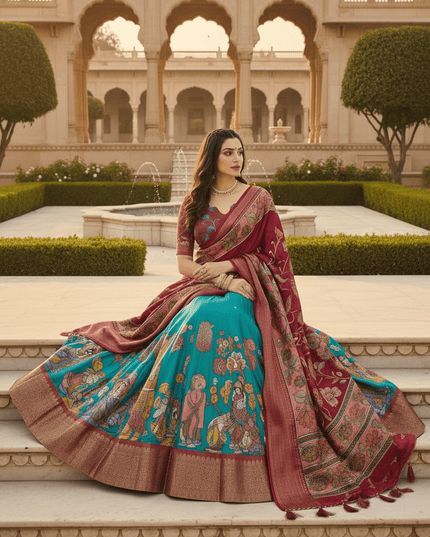 Kalamkari Dola Silk Lehenga Set | Zari Woven Border | 3.80M Flair | With Dupatta - Rosepetals Luxe