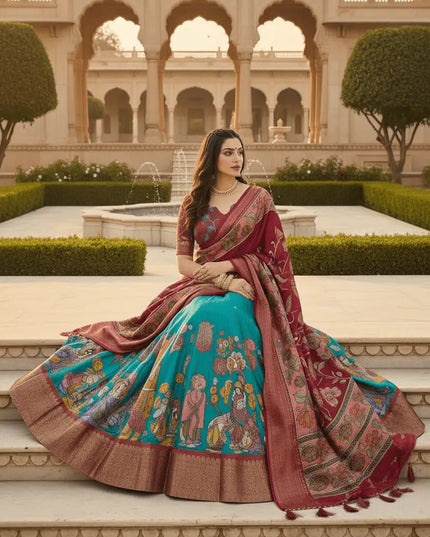 Kalamkari Dola Silk Lehenga Set | Zari Woven Border | 3.80M Flair | With Dupatta - Rosepetals Luxe