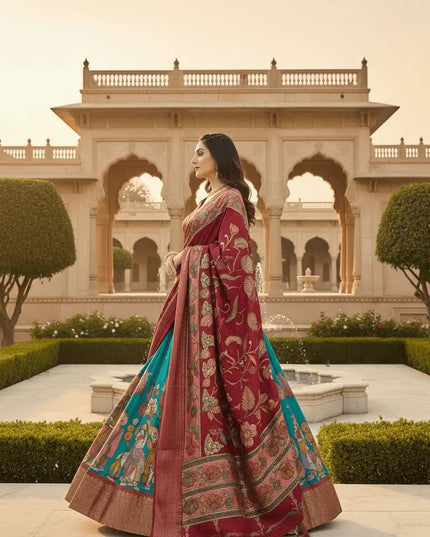 Kalamkari Dola Silk Lehenga Set | Zari Woven Border | 3.80M Flair | With Dupatta - Rosepetals Luxe
