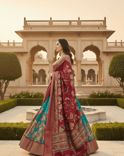 Kalamkari Dola Silk Lehenga Set | Zari Woven Border | 3.80M Flair | With Dupatta - Rosepetals Luxe