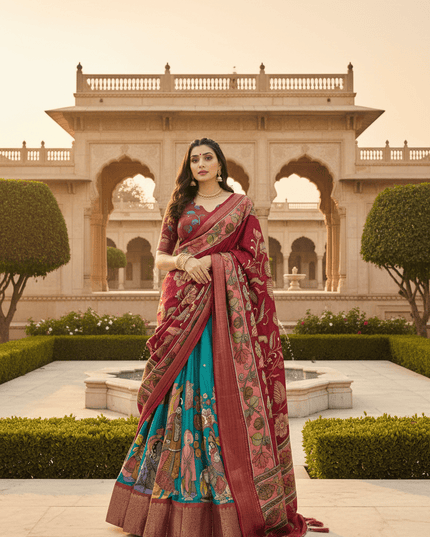 Kalamkari Dola Silk Lehenga Set | Zari Woven Border | 3.80M Flair | With Dupatta - Rosepetals Luxe