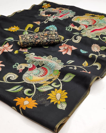 Kalamkari Print Chanderi Linen Saree with Weaving Border - Rosepetals Luxe