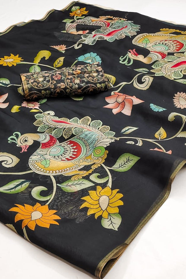 Kalamkari Print Chanderi Linen Saree with Weaving Border - Rosepetals Luxe