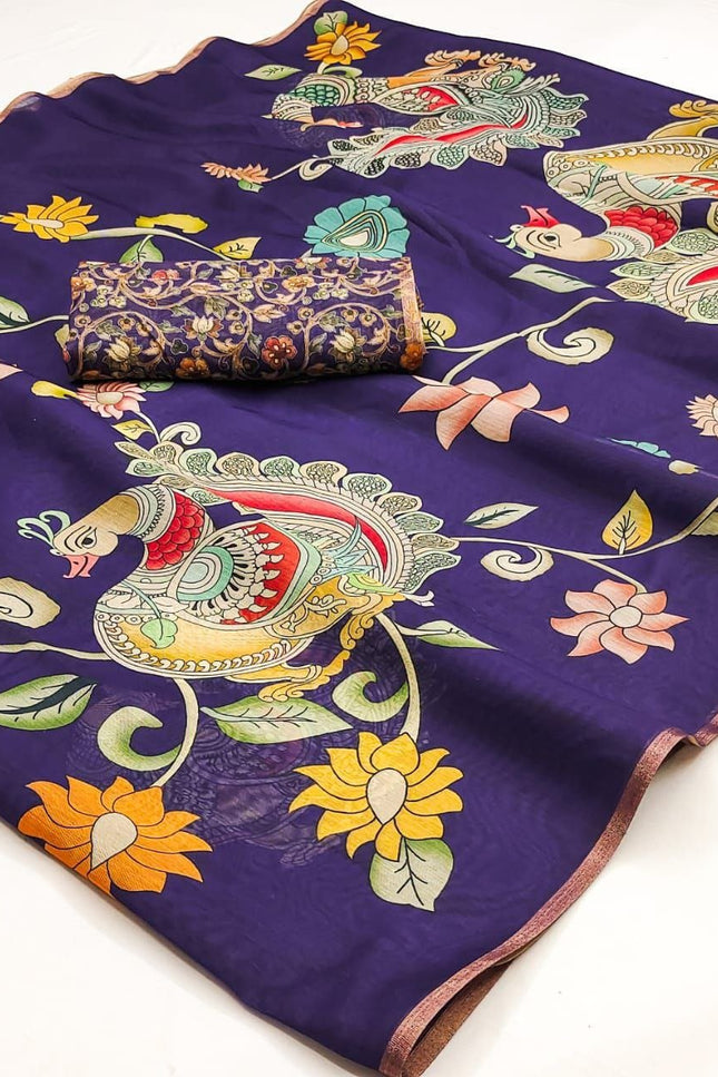Kalamkari Print Chanderi Linen Saree with Weaving Border - Rosepetals Luxe