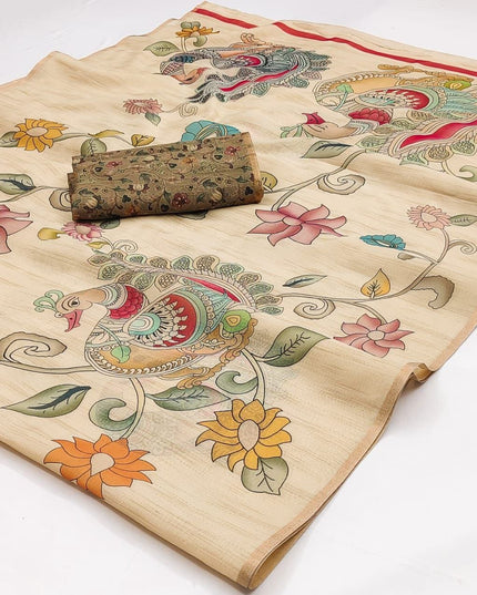 Kalamkari Print Chanderi Linen Saree with Weaving Border - Rosepetals Luxe