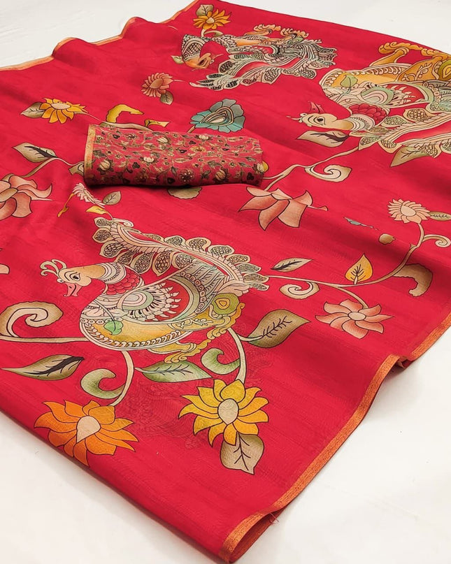 Kalamkari Print Chanderi Linen Saree with Weaving Border - Rosepetals Luxe