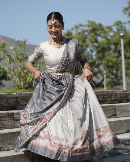 Kalamkari Printed Manipuri Silk Lehenga Choli Set | Contrast Border, Gota Patti Dupatta & Full Lining | Free Size - Rosepetals Luxe