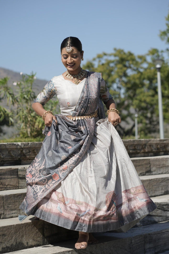 Kalamkari Printed Manipuri Silk Lehenga Choli Set | Contrast Border, Gota Patti Dupatta & Full Lining | Free Size - Rosepetals Luxe