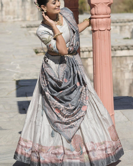 Kalamkari Printed Manipuri Silk Lehenga Choli Set | Contrast Border, Gota Patti Dupatta & Full Lining | Free Size - Rosepetals Luxe