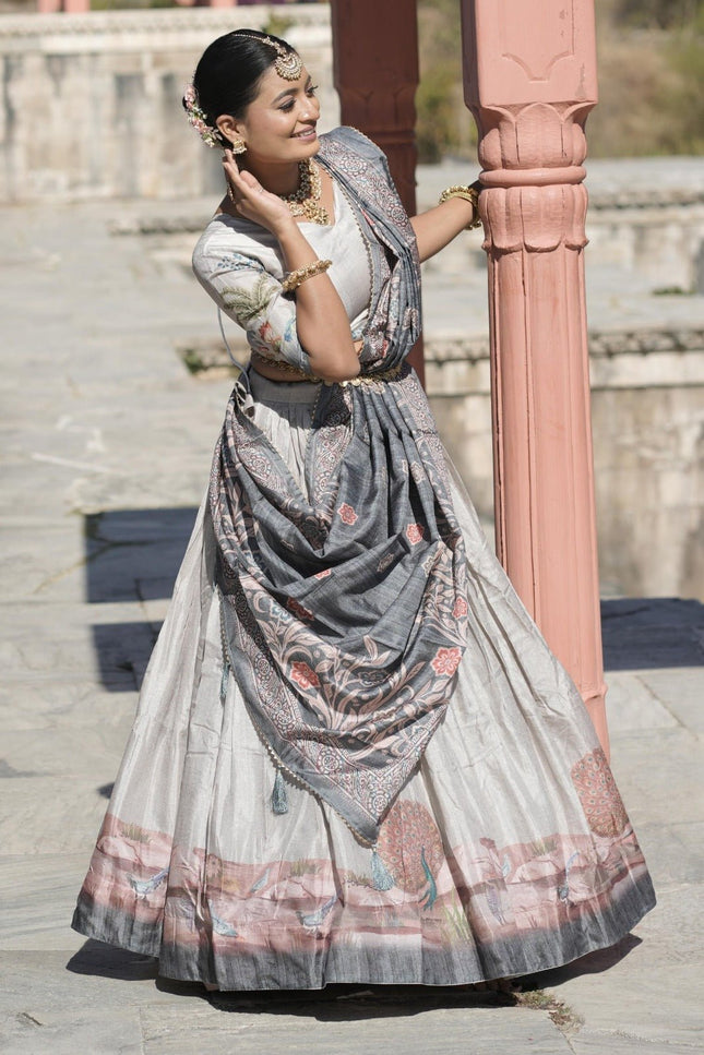 Kalamkari Printed Manipuri Silk Lehenga Choli Set | Contrast Border, Gota Patti Dupatta & Full Lining | Free Size - Rosepetals Luxe