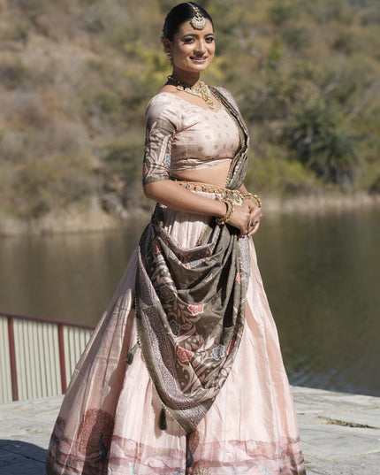 Kalamkari Printed Manipuri Silk Lehenga Choli Set | Contrast Border, Gota Patti Dupatta & Full Lining | Free Size - Rosepetals Luxe