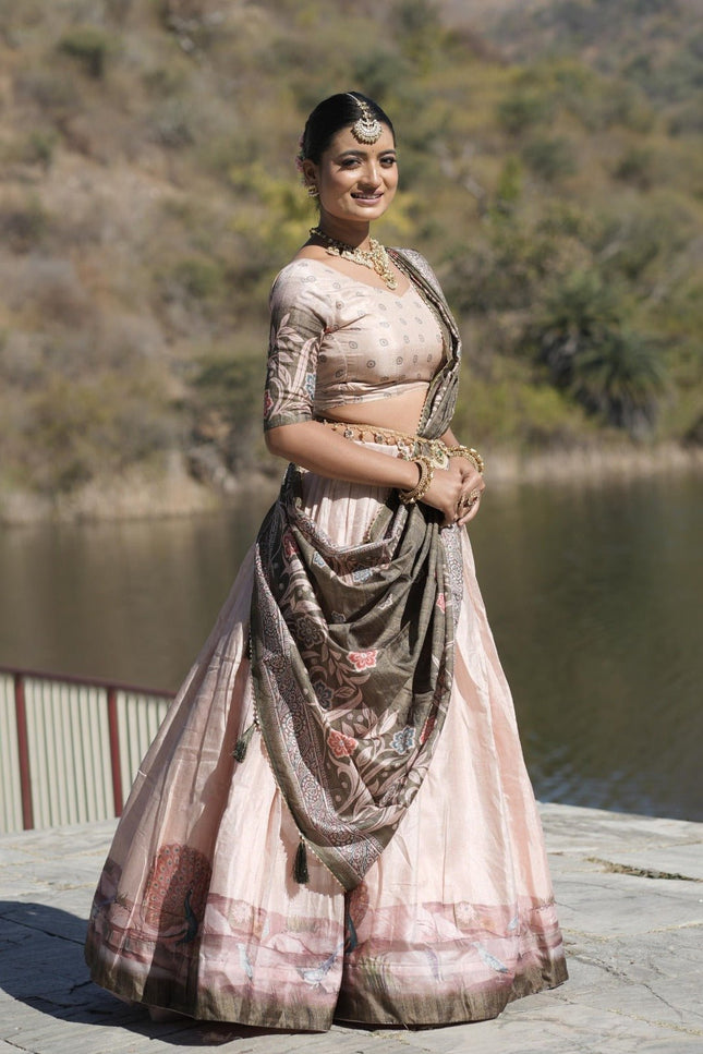 Kalamkari Printed Manipuri Silk Lehenga Choli Set | Contrast Border, Gota Patti Dupatta & Full Lining | Free Size - Rosepetals Luxe