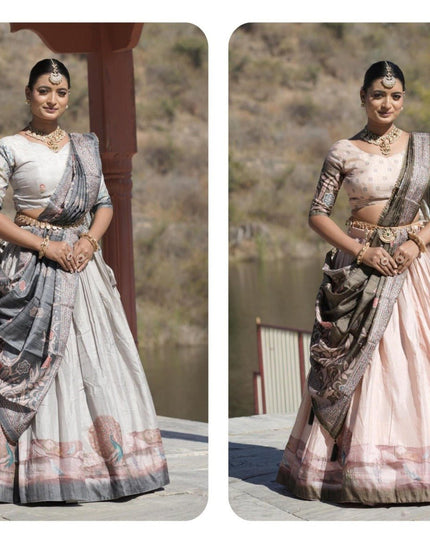 Kalamkari Printed Manipuri Silk Lehenga Choli Set | Contrast Border, Gota Patti Dupatta & Full Lining | Free Size - Rosepetals Luxe