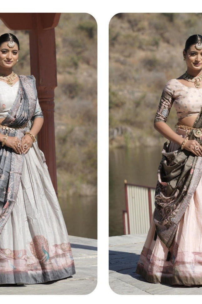 Kalamkari Printed Manipuri Silk Lehenga Choli Set | Contrast Border, Gota Patti Dupatta & Full Lining | Free Size - Rosepetals Luxe