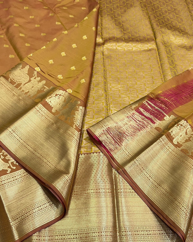 Kanchipuram Affordable Luxury Mustard Saree with Fancy Zari Butta and Big Border - Rosepetals Luxe