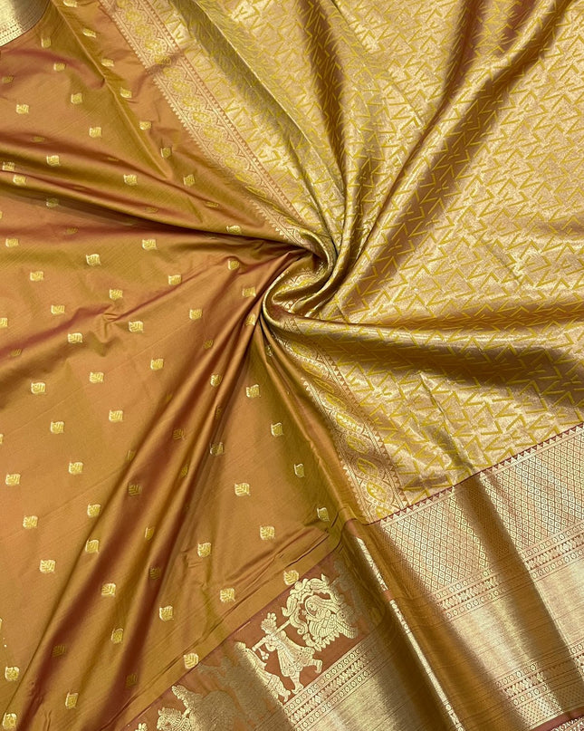 Kanchipuram Affordable Luxury Mustard Saree with Fancy Zari Butta and Big Border - Rosepetals Luxe