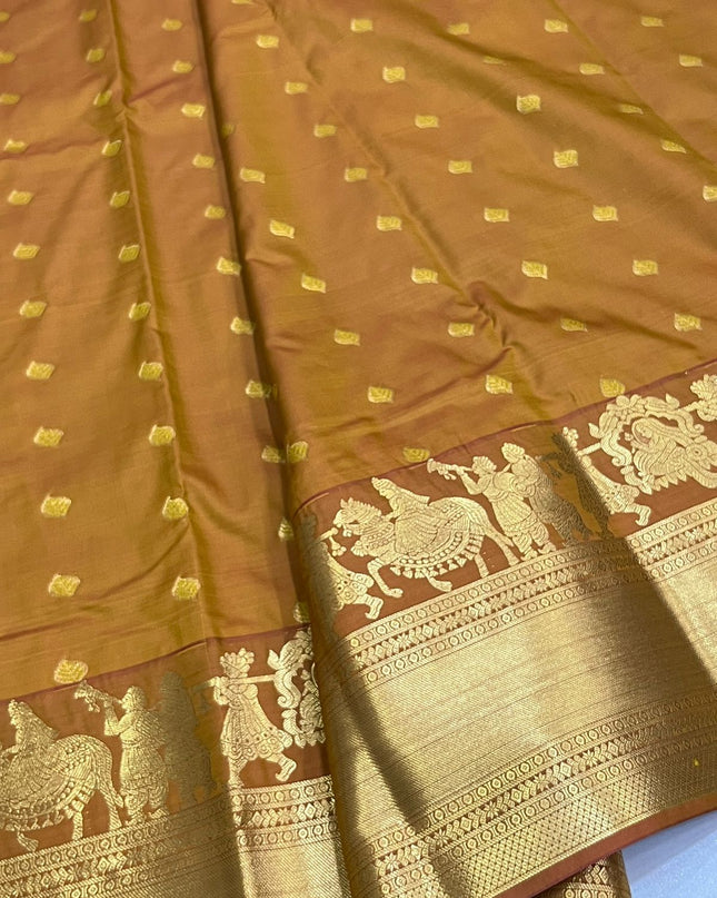 Kanchipuram Affordable Luxury Mustard Saree with Fancy Zari Butta and Big Border - Rosepetals Luxe