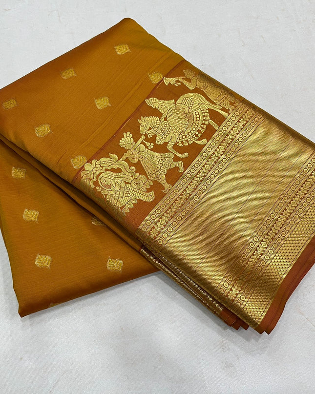Kanchipuram Affordable Luxury Mustard Saree with Fancy Zari Butta and Big Border - Rosepetals Luxe