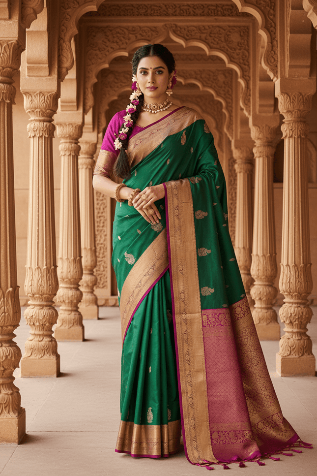 Kanchipuram Handloom Pure Silk Saree | Bridal Weave | Silk Mark Certified - Rosepetals Luxe