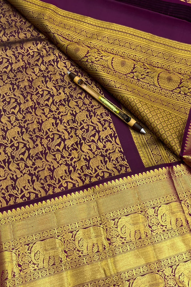 Kanchipuram Handloom Pure Silk Saree | Deep Wine | Bridal Zari Weave | Silk Mark Certified - Rosepetals Luxe