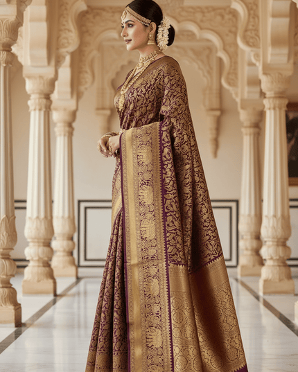 Kanchipuram Handloom Pure Silk Saree | Deep Wine | Bridal Zari Weave | Silk Mark Certified - Rosepetals Luxe
