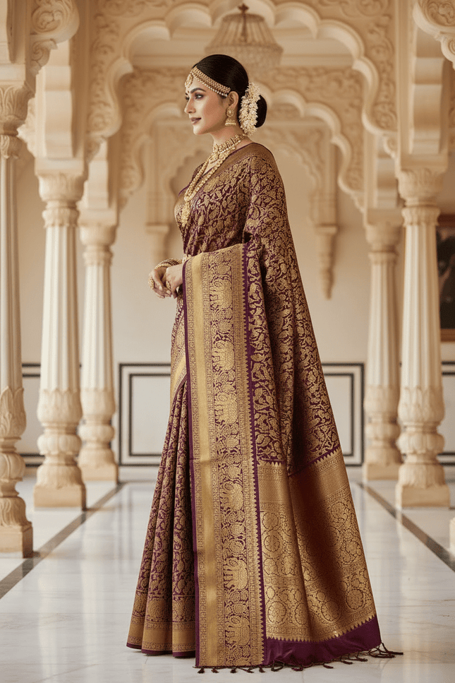 Kanchipuram Handloom Pure Silk Saree | Deep Wine | Bridal Zari Weave | Silk Mark Certified - Rosepetals Luxe