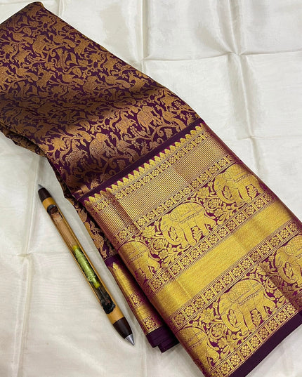 Kanchipuram Handloom Pure Silk Saree | Deep Wine | Bridal Zari Weave | Silk Mark Certified - Rosepetals Luxe