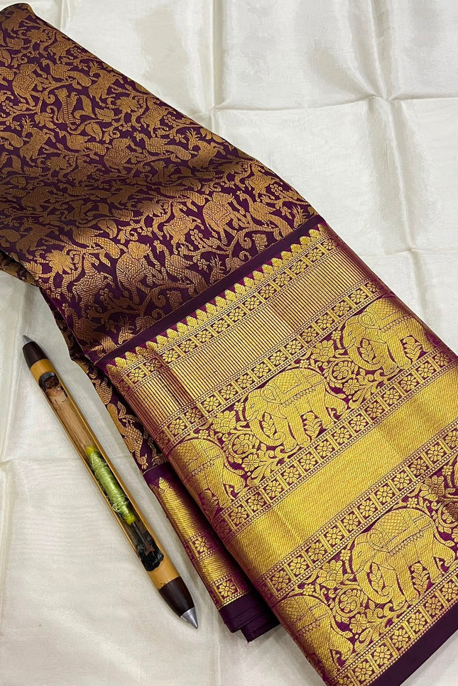 Kanchipuram Handloom Pure Silk Saree | Deep Wine | Bridal Zari Weave | Silk Mark Certified - Rosepetals Luxe