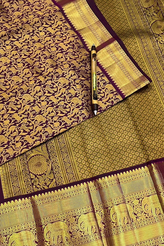 Kanchipuram Handloom Pure Silk Saree | Deep Wine | Bridal Zari Weave | Silk Mark Certified - Rosepetals Luxe