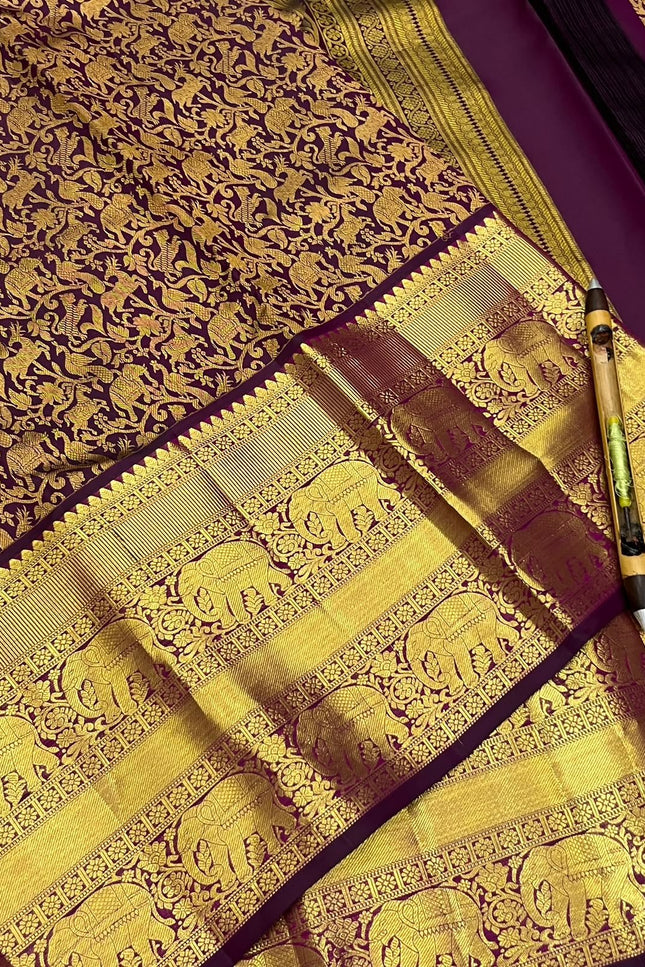 Kanchipuram Handloom Pure Silk Saree | Deep Wine | Bridal Zari Weave | Silk Mark Certified - Rosepetals Luxe