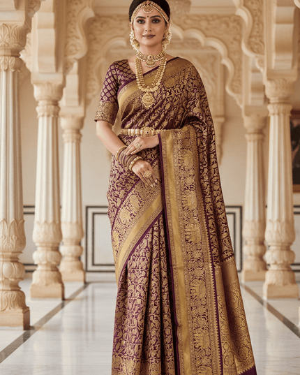 Kanchipuram Handloom Pure Silk Saree | Deep Wine | Bridal Zari Weave | Silk Mark Certified - Rosepetals Luxe