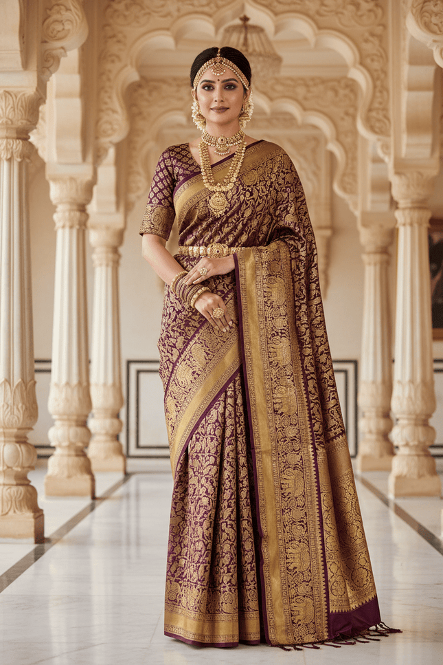 Kanchipuram Handloom Pure Silk Saree | Deep Wine | Bridal Zari Weave | Silk Mark Certified - Rosepetals Luxe