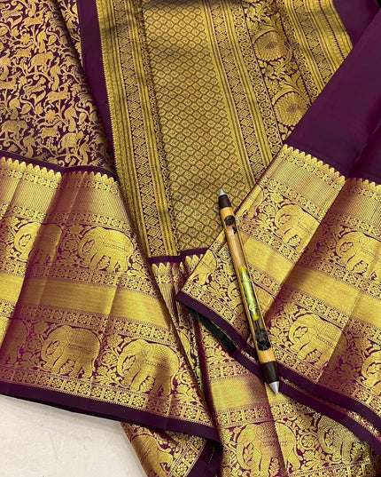 Kanchipuram Handloom Pure Silk Saree | Deep Wine | Bridal Zari Weave | Silk Mark Certified - Rosepetals Luxe