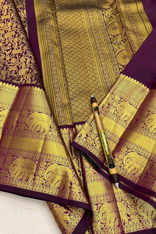 Kanchipuram Handloom Pure Silk Saree | Deep Wine | Bridal Zari Weave | Silk Mark Certified - Rosepetals Luxe