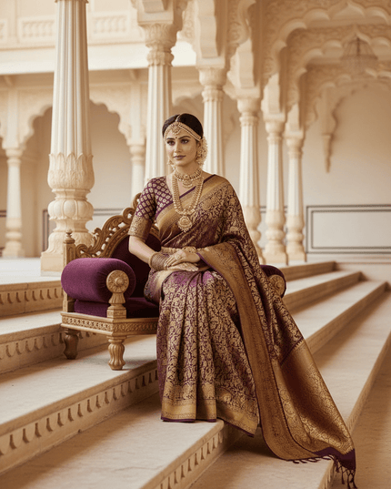 Kanchipuram Handloom Pure Silk Saree | Deep Wine | Bridal Zari Weave | Silk Mark Certified - Rosepetals Luxe