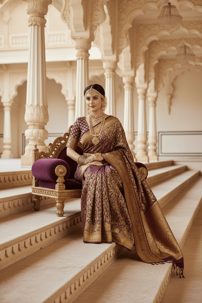 Kanchipuram Handloom Pure Silk Saree | Deep Wine | Bridal Zari Weave | Silk Mark Certified - Rosepetals Luxe
