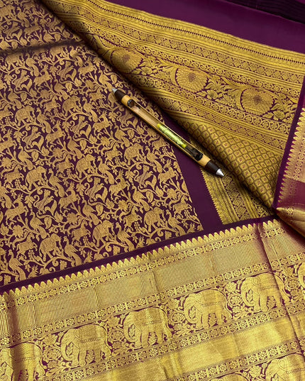 Kanchipuram Handloom Pure Silk Saree | Deep Wine | Bridal Zari Weave | Silk Mark Certified - Rosepetals Luxe
