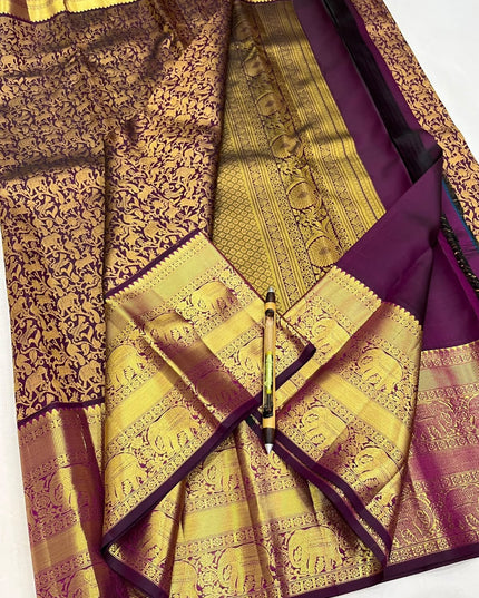 Kanchipuram Handloom Pure Silk Saree | Deep Wine | Bridal Zari Weave | Silk Mark Certified - Rosepetals Luxe