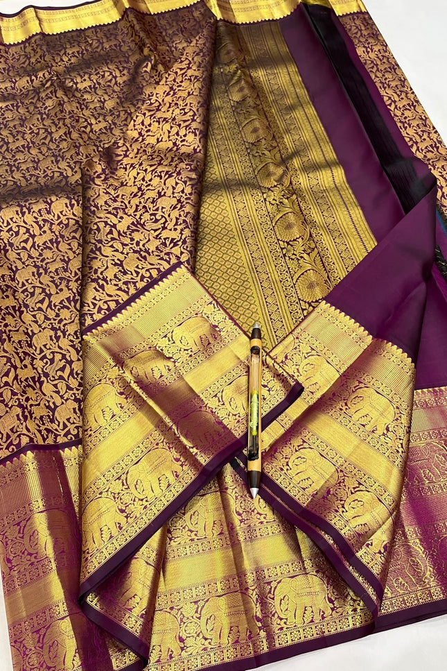 Kanchipuram Handloom Pure Silk Saree | Deep Wine | Bridal Zari Weave | Silk Mark Certified - Rosepetals Luxe